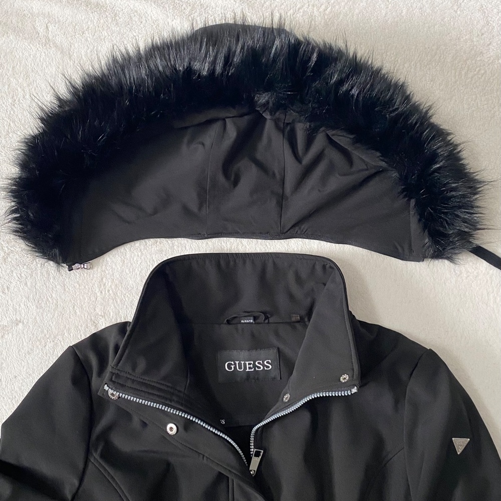 GUESS Faux-Fur Trim Lace Up Coat Women's Size XL Black - Picture 6 of 9